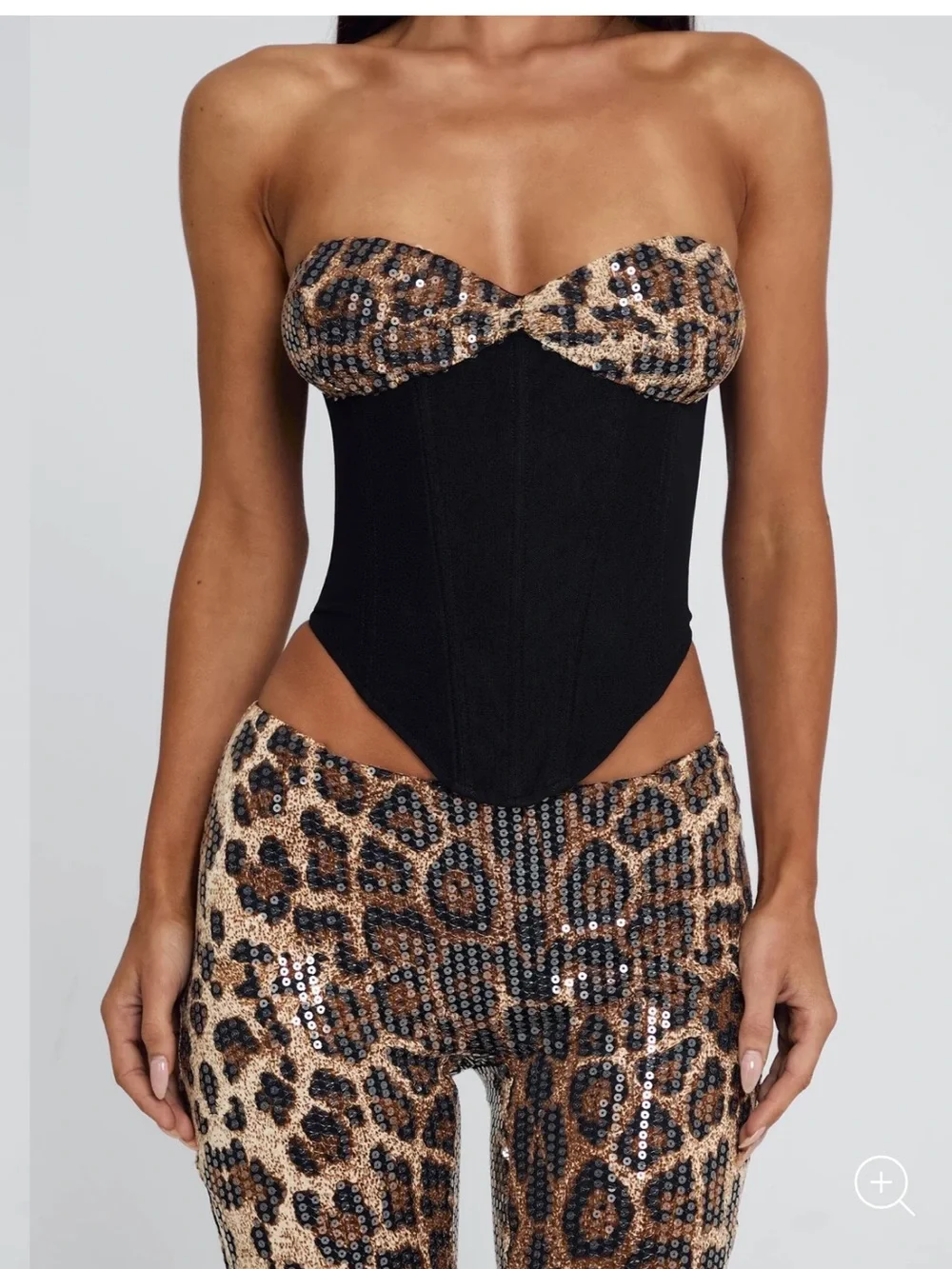 OUTCAST EIRA Leopard print Sequin Bustier & Capris Set - Picture 2 of 3
